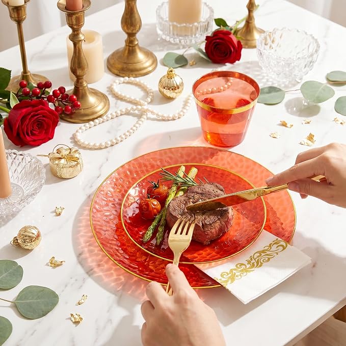 Rubtlamp 175 Pcs Plastic Dinnerware Set, Hammered Party Plates Set Include - Image 6