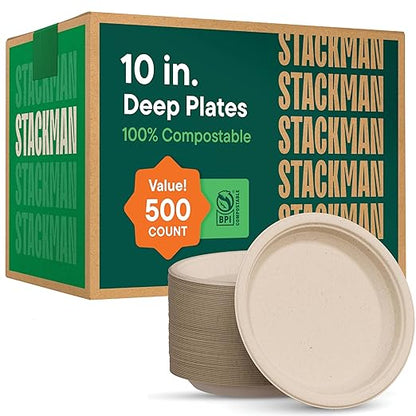 Deep Dish Paper Plates, Heavy Duty Disposable Dinner Plates [500-Pack] 10 Inch Plates - 100% Compostable Eco-Friendly, Biodegradable Sugarcane Bagasse, Natural Brown 10" Paper Plate Disposable