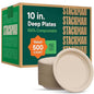 Deep Dish Paper Plates, Heavy Duty Disposable Dinner Plates [500-Pack] 10 Inch Plates - 100% Compostable Eco-Friendly, Biodegradable Sugarcane Bagasse, Natural Brown 10" Paper Plate Disposable