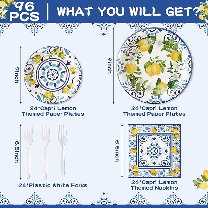 96Pcs Capri Lemon Blue Tiles Yellow Lemon Summer Citrus Fruit Party Plates - Image 2