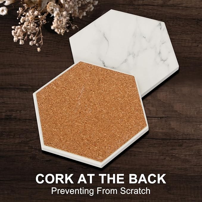 White Marble Coasters Set of 6 Hexagon Absorbent Ceramic Coasters - Image 3