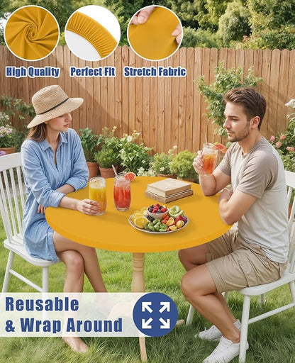 Round Spandex Tablecloth 2 Pack, Elastic Fitted Waterproof Tablecloths for 45"-56" Tables, Stretch Washable Picnic Table Cover for Camping, Dining, Indoor and Outdoor, Mustard Yellow