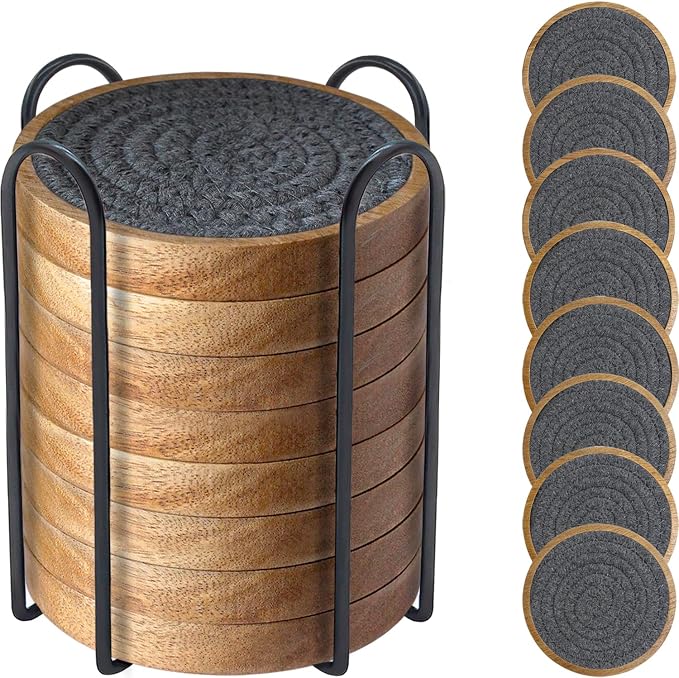 Wood Coasters for Drinks, Eykao Absorbent Coaster Sets of 8, Woven Drink by Eykao