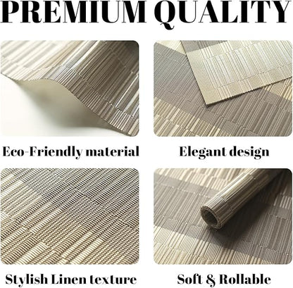 Placemats Set of 12 Vinyl/Plastic Woven Place Mats for Kitchen Table Indoor/Outdoor Washable Placemat Wipeable Dining Table Mats (Ombre Glod,12)
