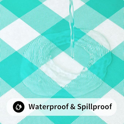 Smiry Rectangle Picnic Table Cloth, Elastic Waterproof Fitted Vinyl Tablecloths, Flannel Backed Buffalo Plaid Table Covers for Dining, Camping, Outdoor (White and Teal, 30" x 48")