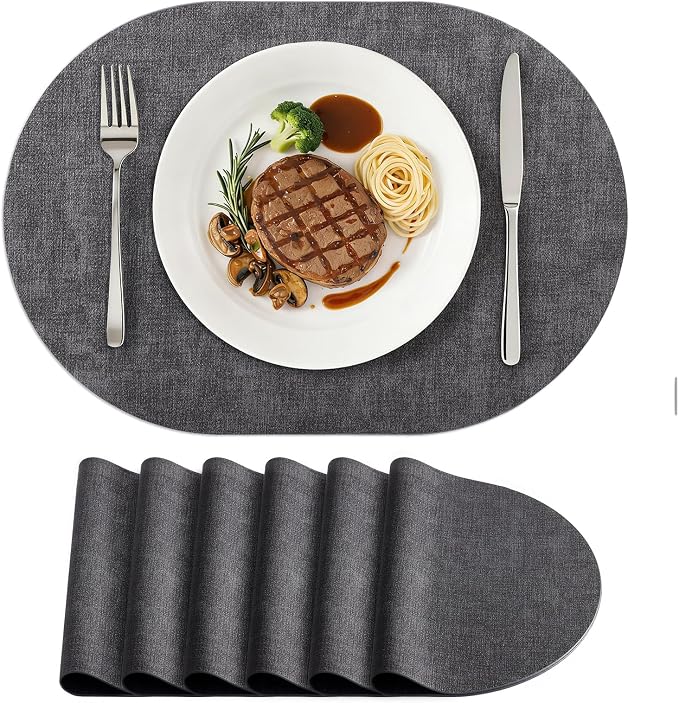 Placemats Set of 6, 11.8 x 17 Inch, Dark Grey | Heat Resistant Oval Faux by homing