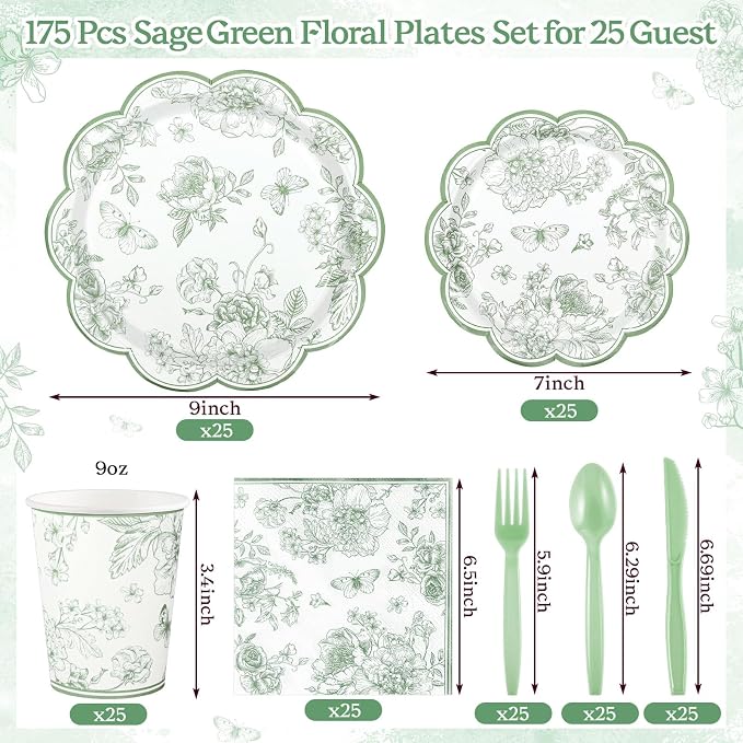 NatNarr 25Set Sage Green Floral Plates and Napkins Bridal Shower Dinnerware | - Image 2