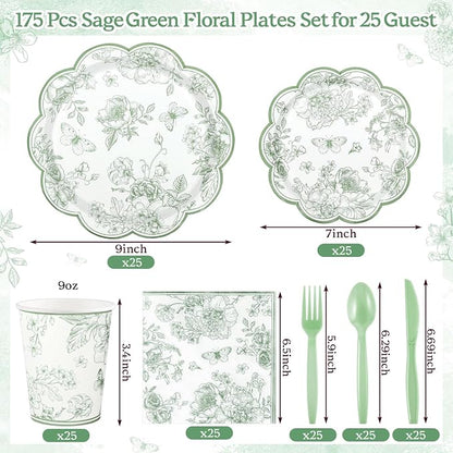 NatNarr 25Set Sage Green Floral Plates and Napkins Bridal Shower Dinnerware | - Image 2