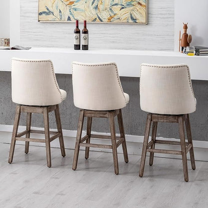 27.5" Counter Height Bar Stools Set of 3, Linen Fabric Mid Century Modern Swivel Barstools with Back & Wood Legs Comfy Upholstered Counter Chairs for Home Bar/Dining Room/Restaurant, Cream
