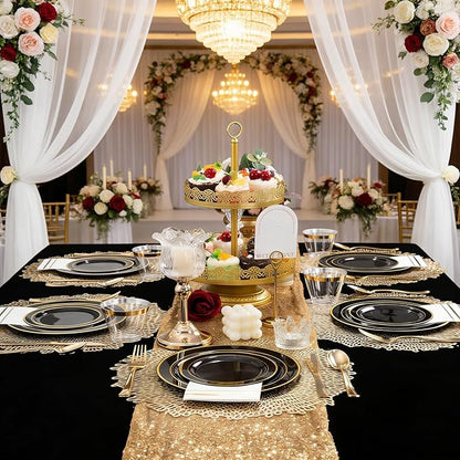 GATHER 350PCS Black Plastic Plates - Black and Gold Disposable Dinnerware Set Include 100 Plates, 150 Gold Silverware, 50 Napkins, 50 Cups for Party & Wedding & Birthday