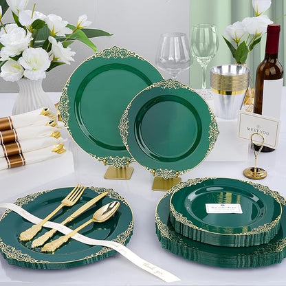 350 PCS Green and Gold Plastic Plates, Plastic Dinnerware Set for 50 Guests, 100 Disposable Plates, 150 Silverwares, 50 Cups, 50 Napkins for Party, Wedding, Graduation