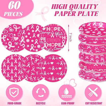 60 Pcs Breast Cancer Awareness Decorations 7 Inch Pink Ribbon Survivor Paper Plates Disposable Party Supplies Hope Love Cure Plates for Breast Cancer Awareness Month Women Charity Activities
