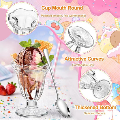 6 Pcs Glass Dessert Cups Set, 6.8 oz Clear Tulip Sundae Cups with Long Handle Spoons, Footed Parfait Trifle Glasses for Valentine's Dessert, Date Night Fruit Cocktail