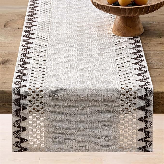 Macrame Side Trim Boho Woven Table Runner, Chocolate 12x60 Inch | Crochet - Image 6