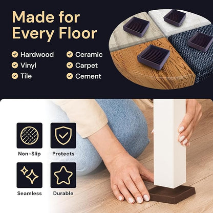 CasterMaster Non-Slip Rubber Furniture Pads - 3 in x 3 in Set of 4 Brown - Floor Protectors for Hardwood Floors & Chairs - Grippers & Rubber Feet for Furniture