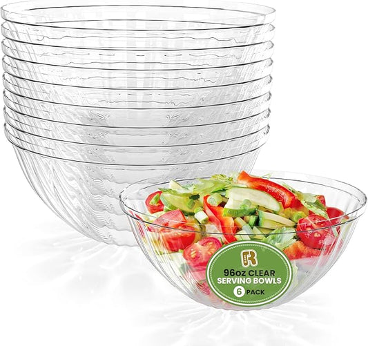 R-kay 6 Pack Extra Large Serving Bowl - 96 Ounce Plastic Serving Bowls For Entertaining - Clear Plastic Bowls For Salads And Snacks - Disposable bowls For All Occasions