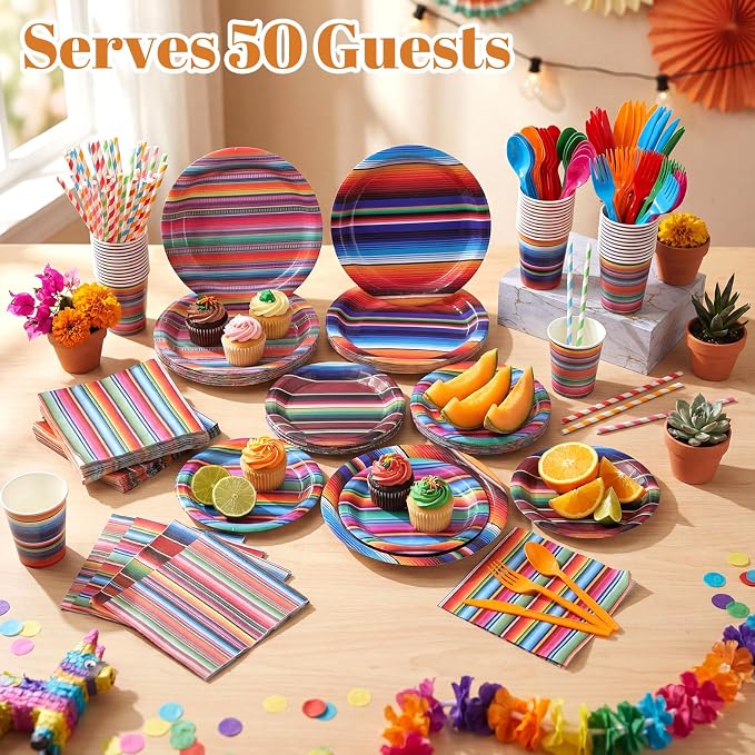 450 Pcs Mexican Serape Party Tableware Set Fiesta Decorations Taco Bar Paper - Image 6