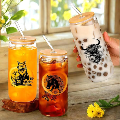 Cute Fox Glass Cup With Lids And Straws, Fox Gift For Women, Iced, Coffee, Smoothie, Cocktail, Beer, Whiskey, Soda, Matcha,16 Oz, Home Office Table Desk Decoration!