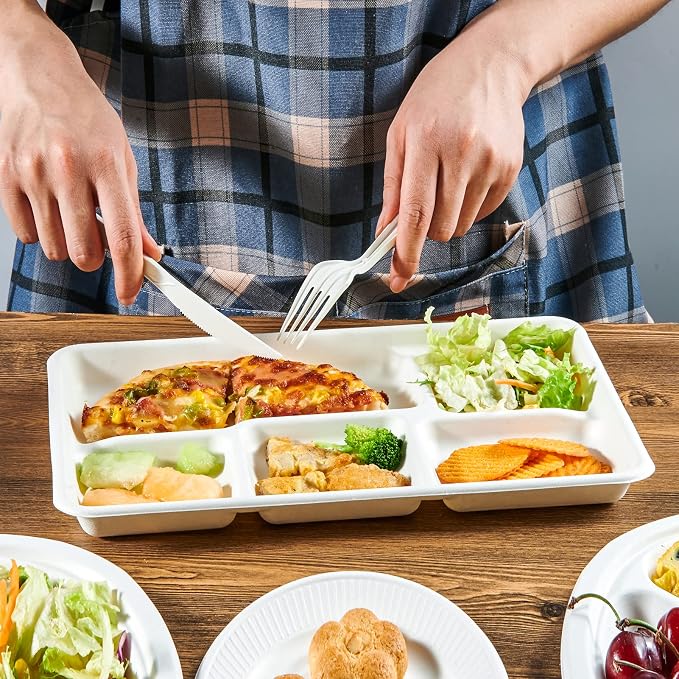 Compostable Disposable 5 Compartment Paper Plates, 12.5inch | 100 Pack - Image 7