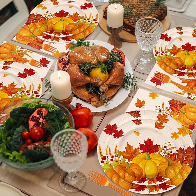 100 Pcs Fall Pumpkin Maple Tableware Party Supplies Set, Serves 25 – Disposable - Image 7