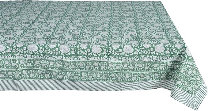 ATOSII Shalimar Green 100% Cotton Rectangle Fall Tablecloth, Handblock Floral Table Cloth Linen for Kitchen Dining I Parties Wedding Outdoors Christmas Thanksgiving I Fall Home Decor 60 X 108 Inches