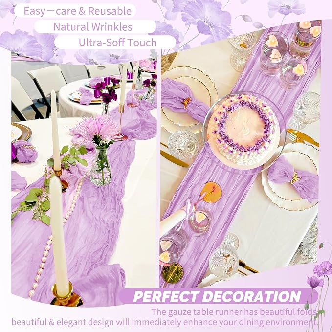 Showgeous 4 Pack Lilac Purple Cheesecloth Table Runner, 17 x 108 Inches | Boho - Image 6
