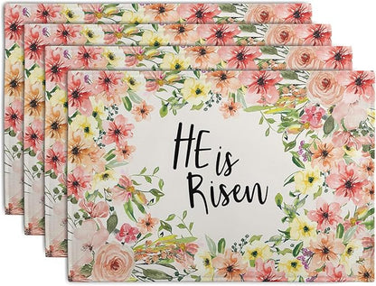 He is Risen Placemats Set of 4 Spring Easter Christian Cross Religious Flowers Kitchen Table Mats Seasonal Easter Holiday Linen Fabric Place Mat for Party Kitchen Dining Decoration