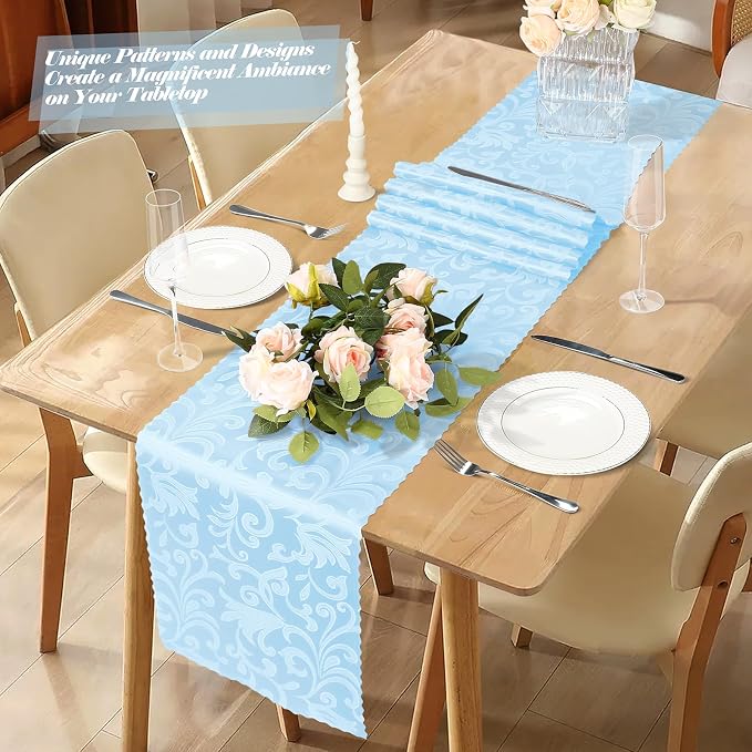 MILVOWOC 4 Pack Light Blue Satin Table Runner, 12 x 72 Inch | Jacquard Damask - Image 2