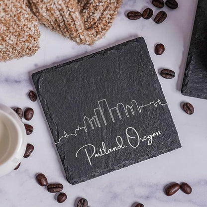 Blue Ridge Mountain Gifts - Portland OR Skyline Coasters, Set of 4 - Portland Oregon Souvenir, Slate Coasters with Minimalist Skyline, Housewarming Gift for Friends, Family, & Neighbors
