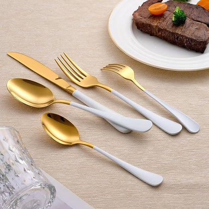 20-Piece White and Gold Silverware Set 18/0 Stainless Steel Silverware Set White Handle Cutlery Set Service for 4 Dinner Knives Forks Spoons Set Flatware Set Finish Dishwasher Safe