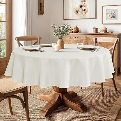 JIUZHEN Round Table Cloth Faux Linen Farmhouse Tablecloth Wrinkle and Stain Resistant Decorative Fabric Table Cover for Kitchen, Dining Room, Parties and Camping, White, 60 Inch Round