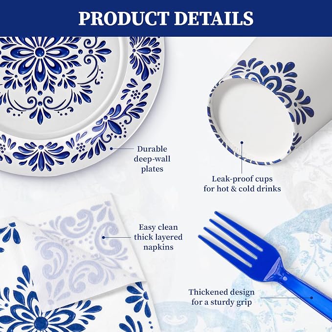 96 Pcs Cielito Lindo Party Supplies De Barro Mexican Talavera Blue Party Plates - Image 4