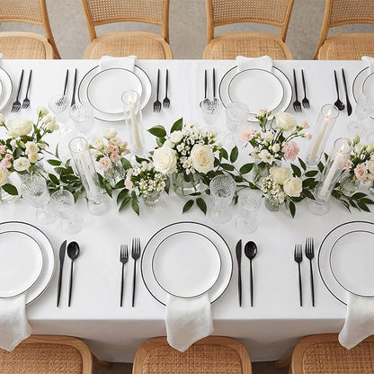 EI 180pcs White Plastic Dinnerware Set Include Black Disposable Silverware,Dinner and Dessert Plates,Cups,White Plastic Plates with Black Rim Perfect for Wedding,Birthday,Partys,Business Events,Hotel