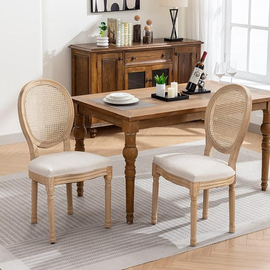 Ball & Cast French Vintage Upholstered Dining Chairs Set of 2, Antique Painting Wooden Kitchen Side-Chairs with Rattan Back & Carved Solid Wood Frame, 2-Piece Curved Backrest Louis Chair, Beige