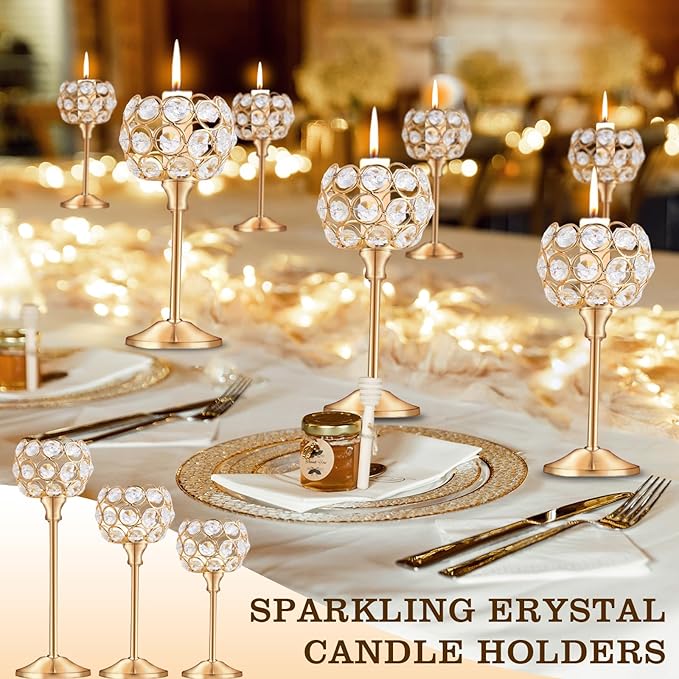 Crystal Candle Holders 4 Set of 12 - Gold Vintage Hollow Ball Candle Stand for Table Centerpiece, Crystal Metal Tealight Candlestick for Wedding, Dining Room Decor