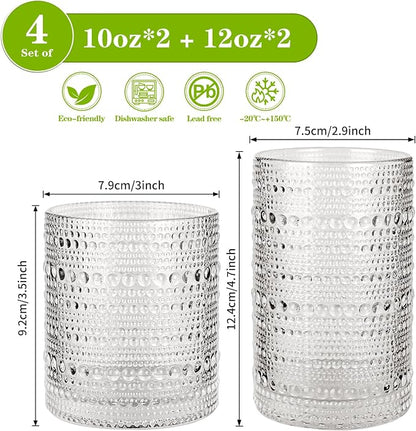 Hobnail Drinking Glasses Set of 4, 10oz Kitchen Water Glasses Cup & 12oz - Image 2