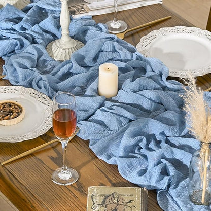 Artoid Mode Boho Cheesecloth Gauze Smoky Blue Wedding Table Runner, 120 Inch - Image 3