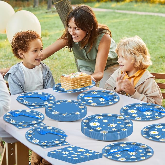 96Pcs Daisy Birthday Party Supplies Groovy Flower Paper Plates and Napkins - Image 7