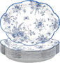 50 Pcs Blue Floral Oval Plates 10" x 12" Large Blue and White Floral Scalloped Plates Disposable Heavy Duty Vintage Flower Dessert Platters for Wedding Bridal Shower Decorations Tea Party Supplies