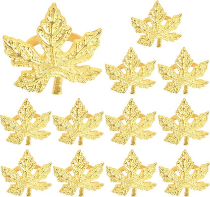 CLEENTABLE Elegant Handcrafted Leaf Napkin Rings - Set of 12 Premium Aluminum Holders for Dinner Parties, Weddings, Special Occasions & Everyday Dining (Gold)