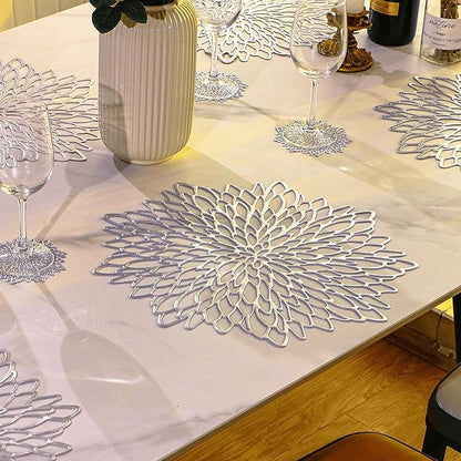 Snowkingdom 18 Pack Silver Placemats Metallic Glitter Vinyl Dinning Table Mats, Decorative Round Leaf Charger Bulk for Winter Thanksgiving Christmas Party Holiday Festive