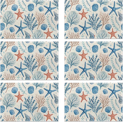 Watercolor Coral Starfish Shell Placemats Set of 6, Washable Table Mats for Kitchen Dining Table, Linen Place Mats for Party Holiday Decoration, Teal Ocean Retro