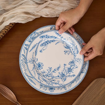Bico Blue Garden Toile De Jouy Dinner Plates Set of 4, 11 Inch Large Ceramic Plates for Pasta, Steak, Stylish Serving Dishes, Microwave and Dishwasher Safe, Gift for Housewarming and Thanksgiving