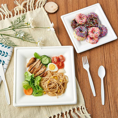 ECOLipak 7.85 Inch Compostable Square Paper Plates, 300 Count Heavy Duty Paper Plates, Eco Friendly Disposable Sugarcane for Party, Daily