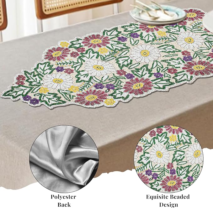 Spring Floral Beaded Table Runner, 13x36 | Glass beads, polyester backing - Image 3