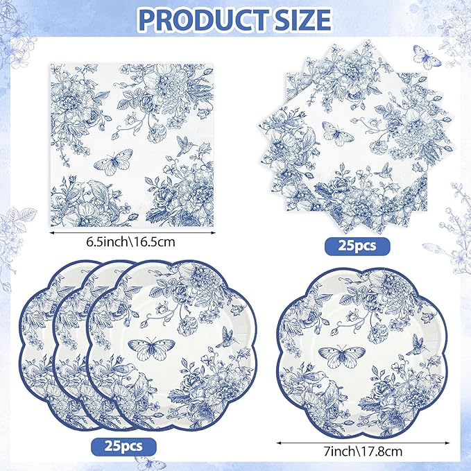 NatNarr 50 Pcs Blue Floral Plates and Napkins, Bridal Baby Showe - Image 2