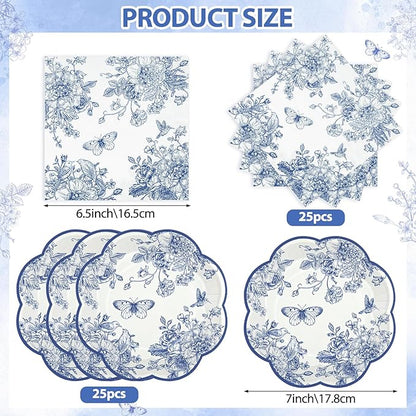 NatNarr 50 Pcs Blue Floral Plates and Napkins, Bridal Baby Showe - Image 2