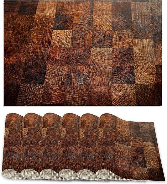 Brown Plaid Wooden Board Placemats Set of 6, Table Mates Non-Slip Heat Resistant Washable Linen Place Mats for Party Kitchen Dining Decoration Indoor Outdoor 12"x18"