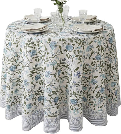 ATOSII Mahoka Blue 100% Cotton Round Tablecloth, Block Print Floral Table Cloth for Dining, Parties, Weddings, Outdoors, Holidays I 60" Inches I Grandmillennial Farmhouse Boho Spring Summer