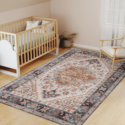 HOMCOM Washable Area Rug, 5'x7' Vintage Indoor Distressed Carpet, Retro Floor Cover Foldable, Floral Print Mat for Living Room, Bedroom, Dining Room, Tawny Brown